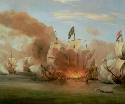 De brand van de Royal James bij de Slag om Sole Bank, 6 juni 1672 door Willem van de Velde the Younger
